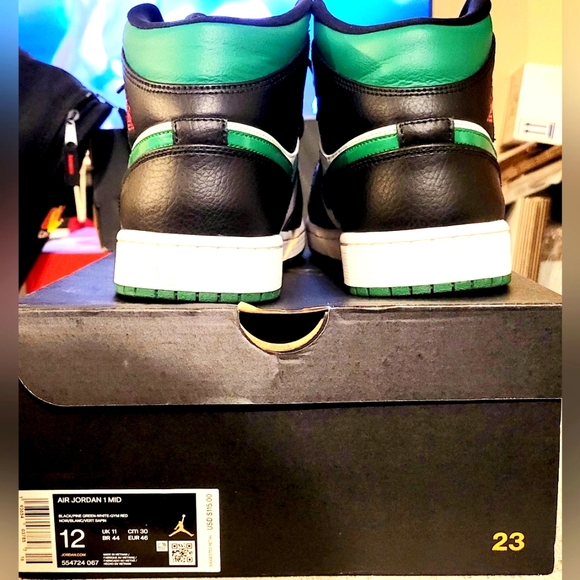 Air Jordan 1 Mid, Black/Green/White/Red, Men's Size 12 - Picture 3 of 5